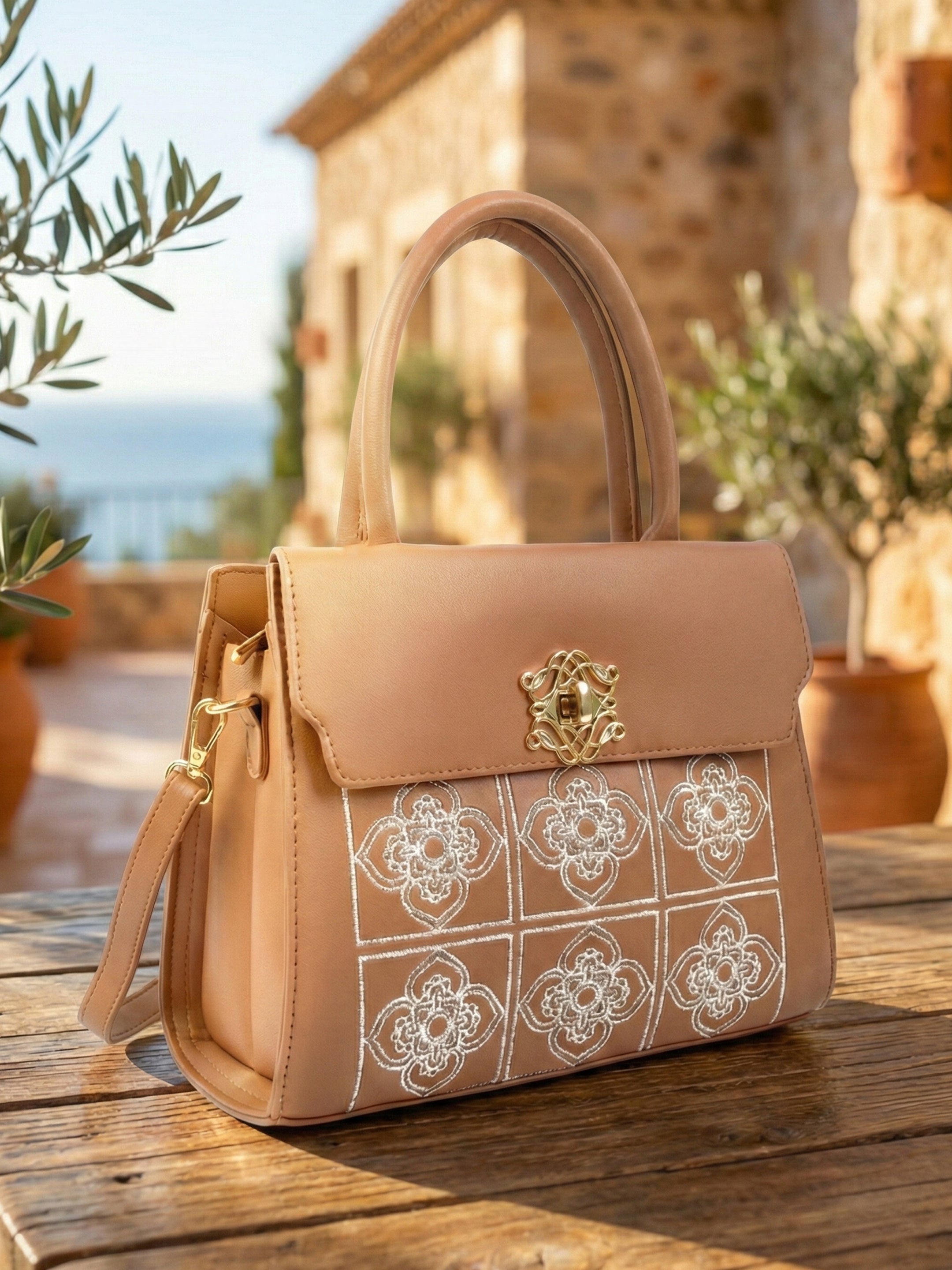 Ajanta Embroidered Women’s Handbag with Top Handle and Sling Strap