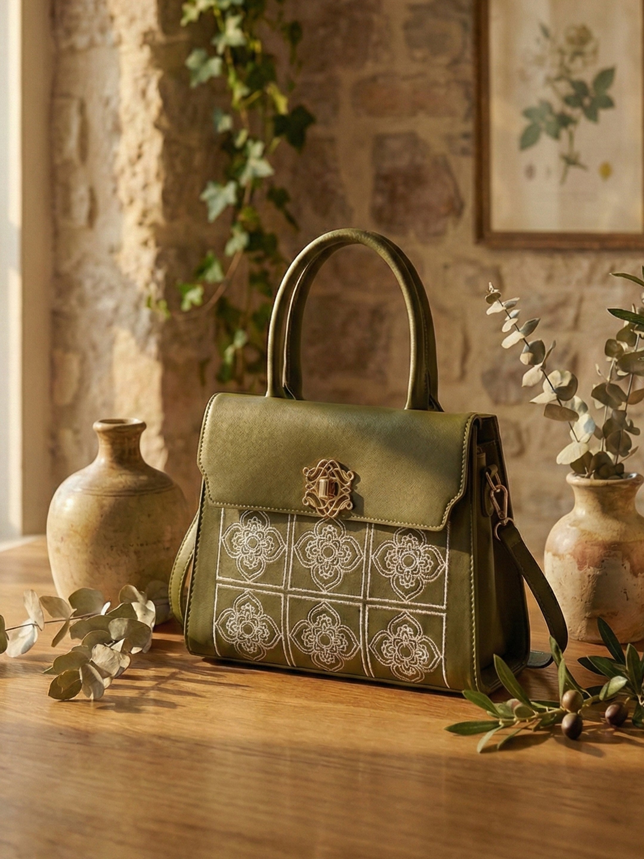 Ajanta Embroidered Women’s Handbag with Top Handle and Sling Strap