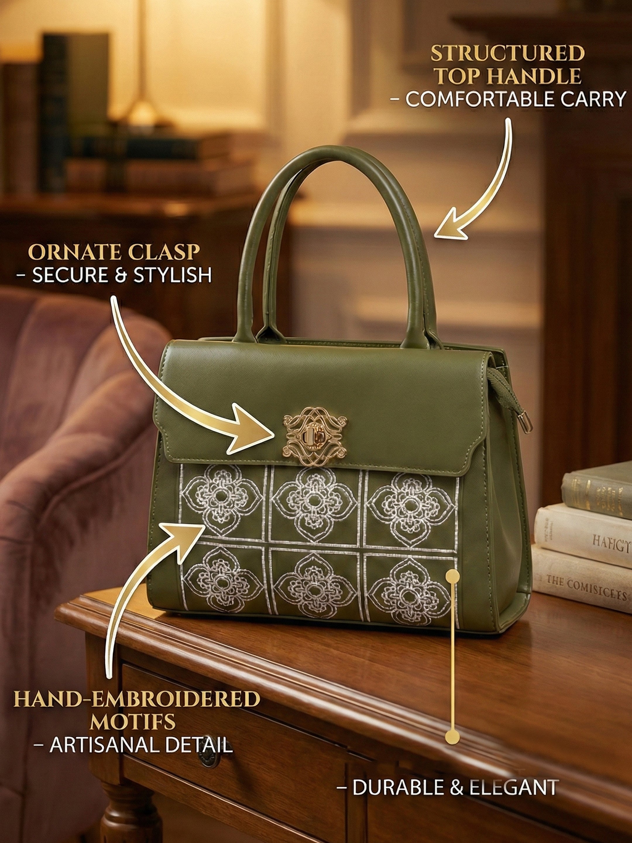 Ajanta Embroidered Women’s Handbag with Top Handle and Sling Strap