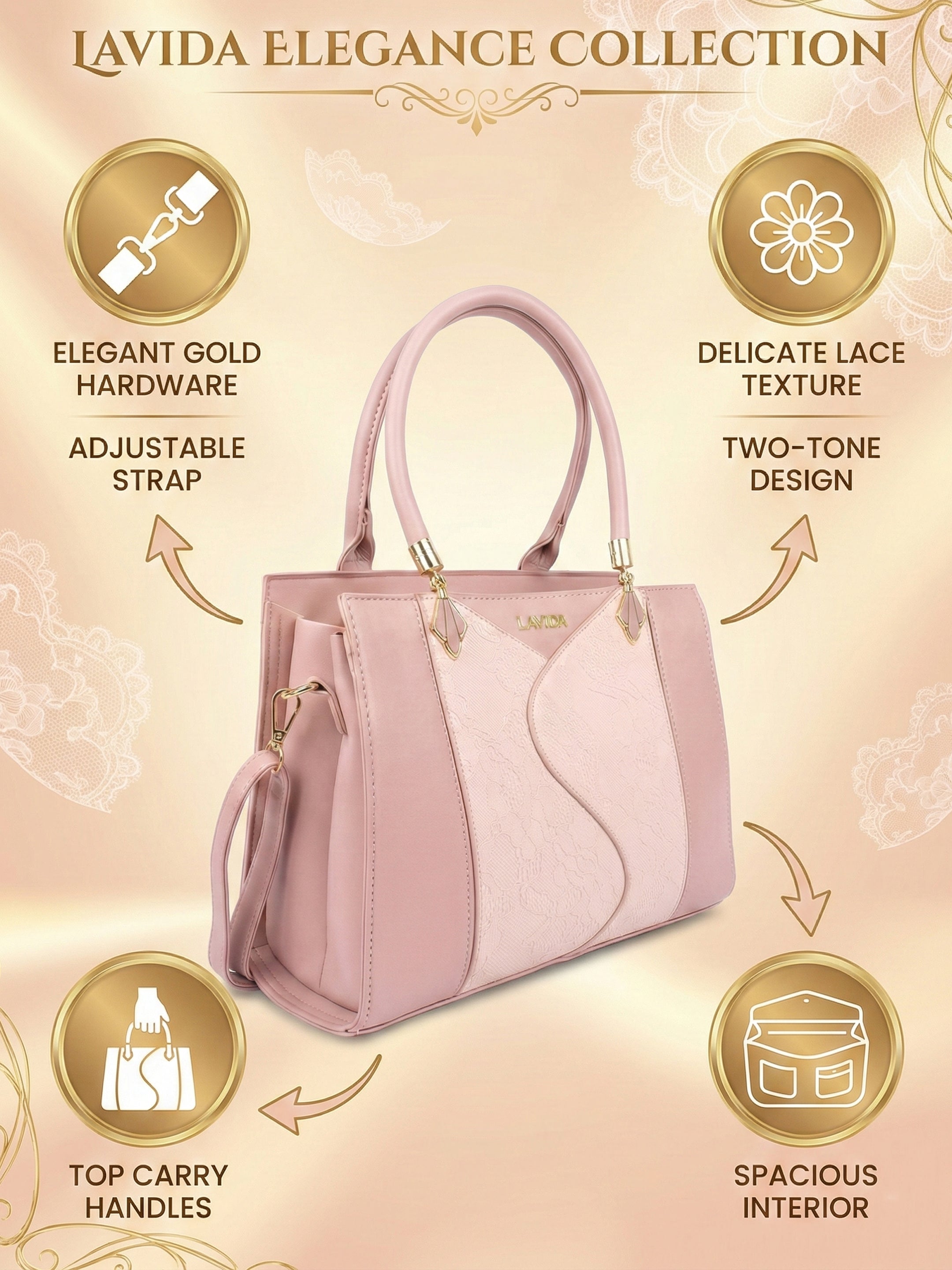 Ajanta Women’s Designer Pink Handbag with Detachable Strap