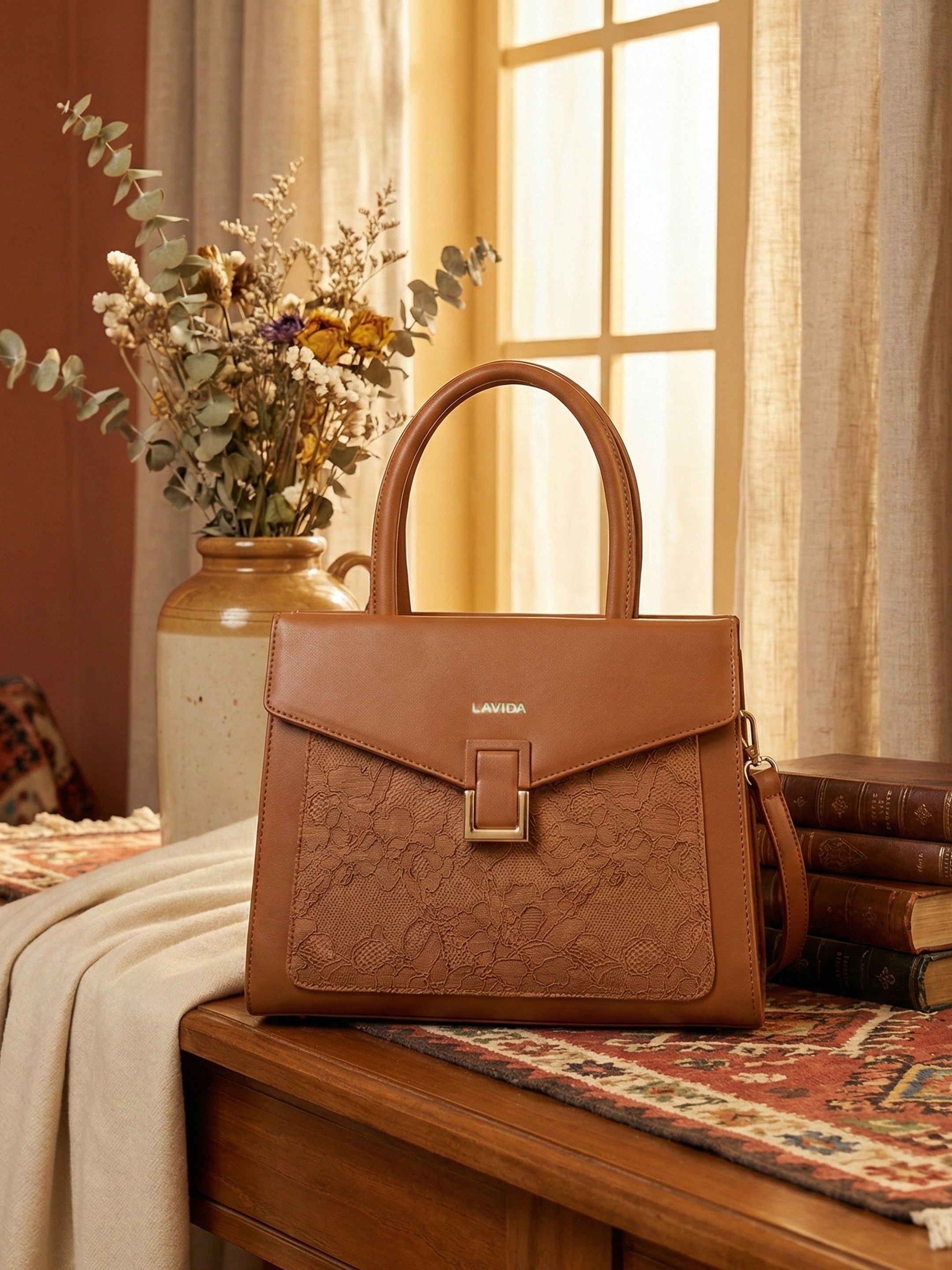 Ajanta Women’s Stylish Tan Designer Satchel Handbag with Detachable Sling Strap