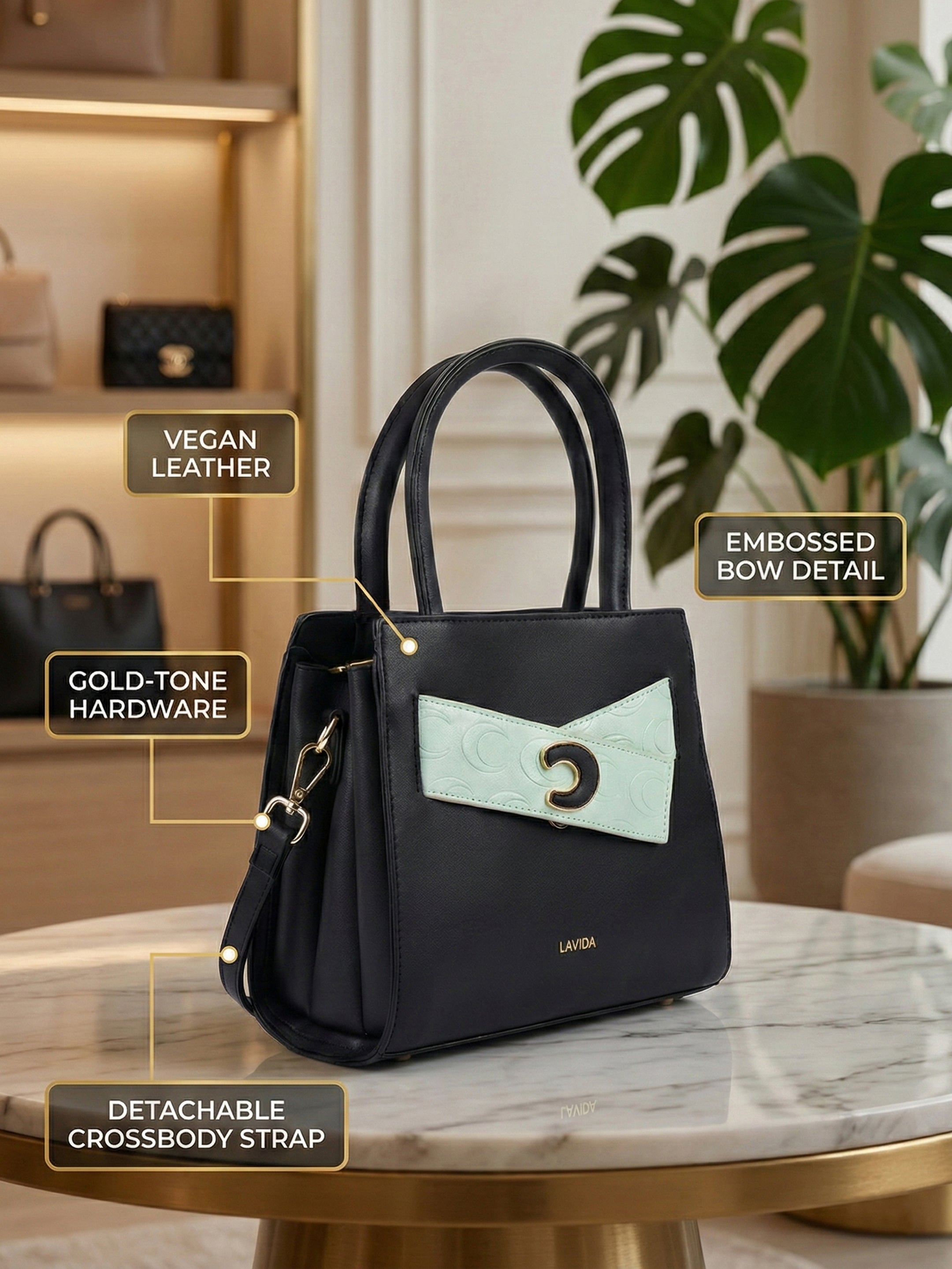 Ajanta Stylish Women’s Black Handbag with Detachable Sling Strap & Top Handle