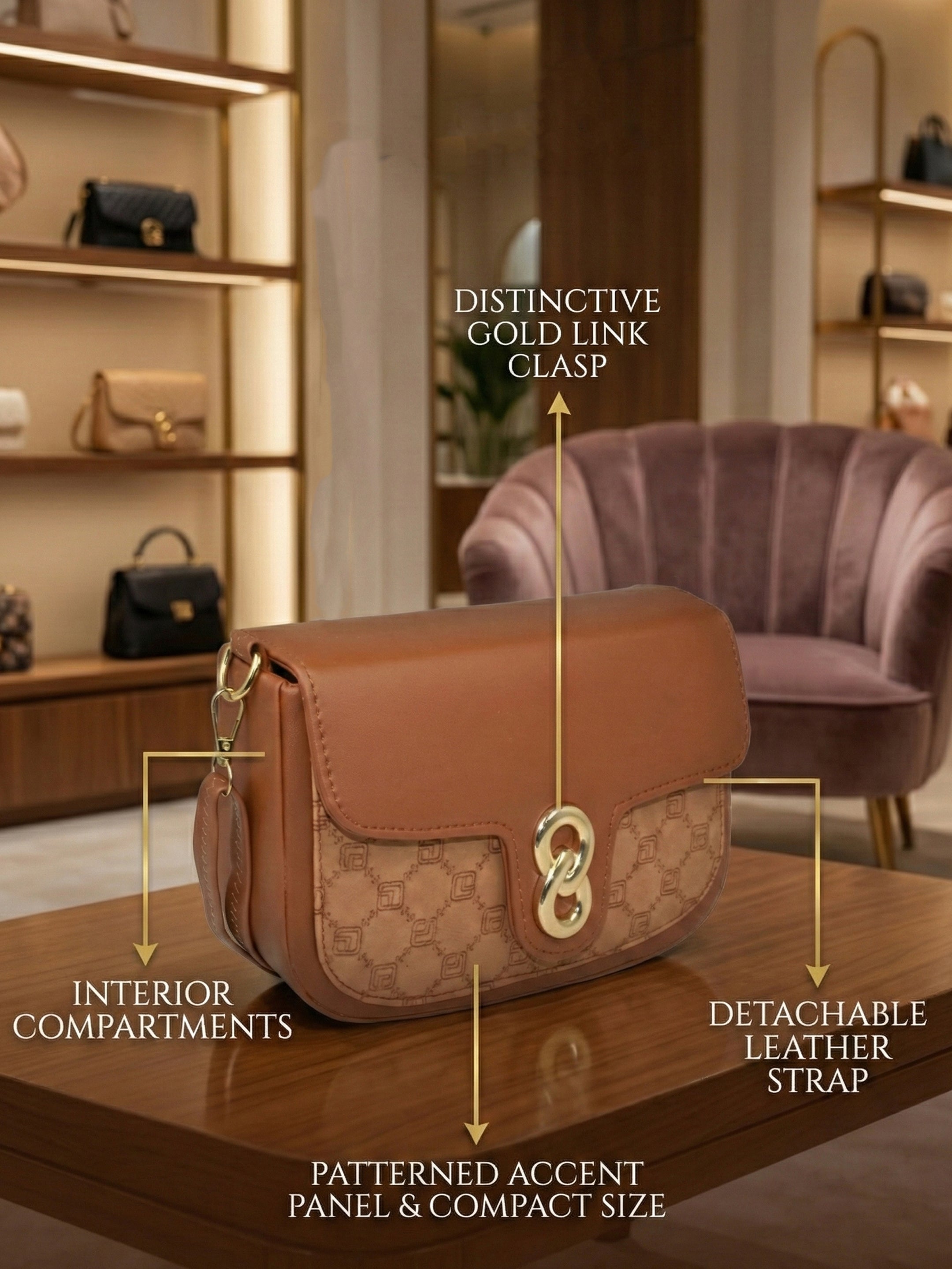 Ajanta Women’s Stylish Flap Lock Tan Sling Bag with Adjustable Strap