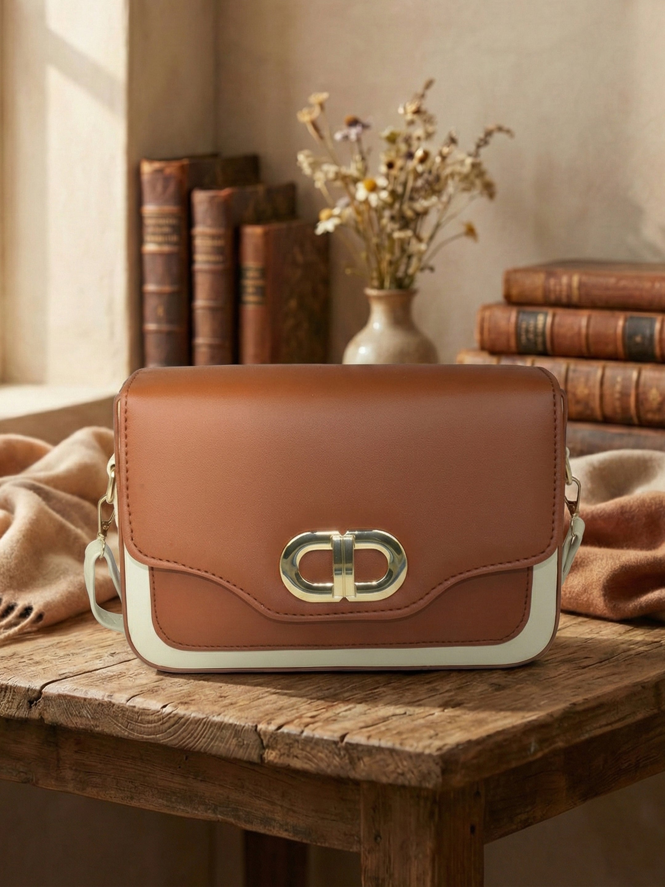 Ajanta Women’s Tan Sling Bag with Stylish Flap Lock and Adjustable Strap