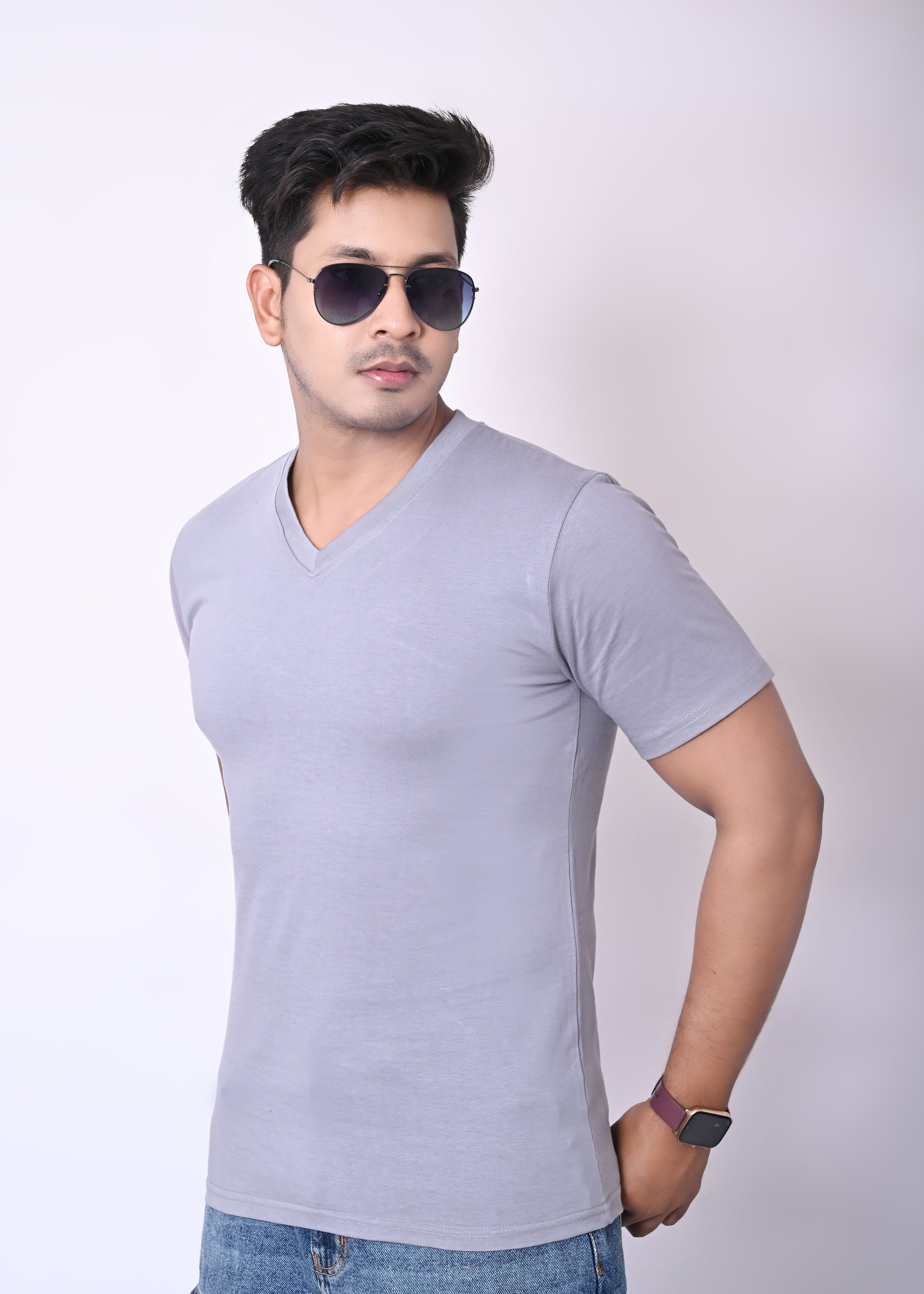 IMPERIO Men Grey Solid V-Neck T-Shirt | Pure Cotton, Casual Fit VN5015