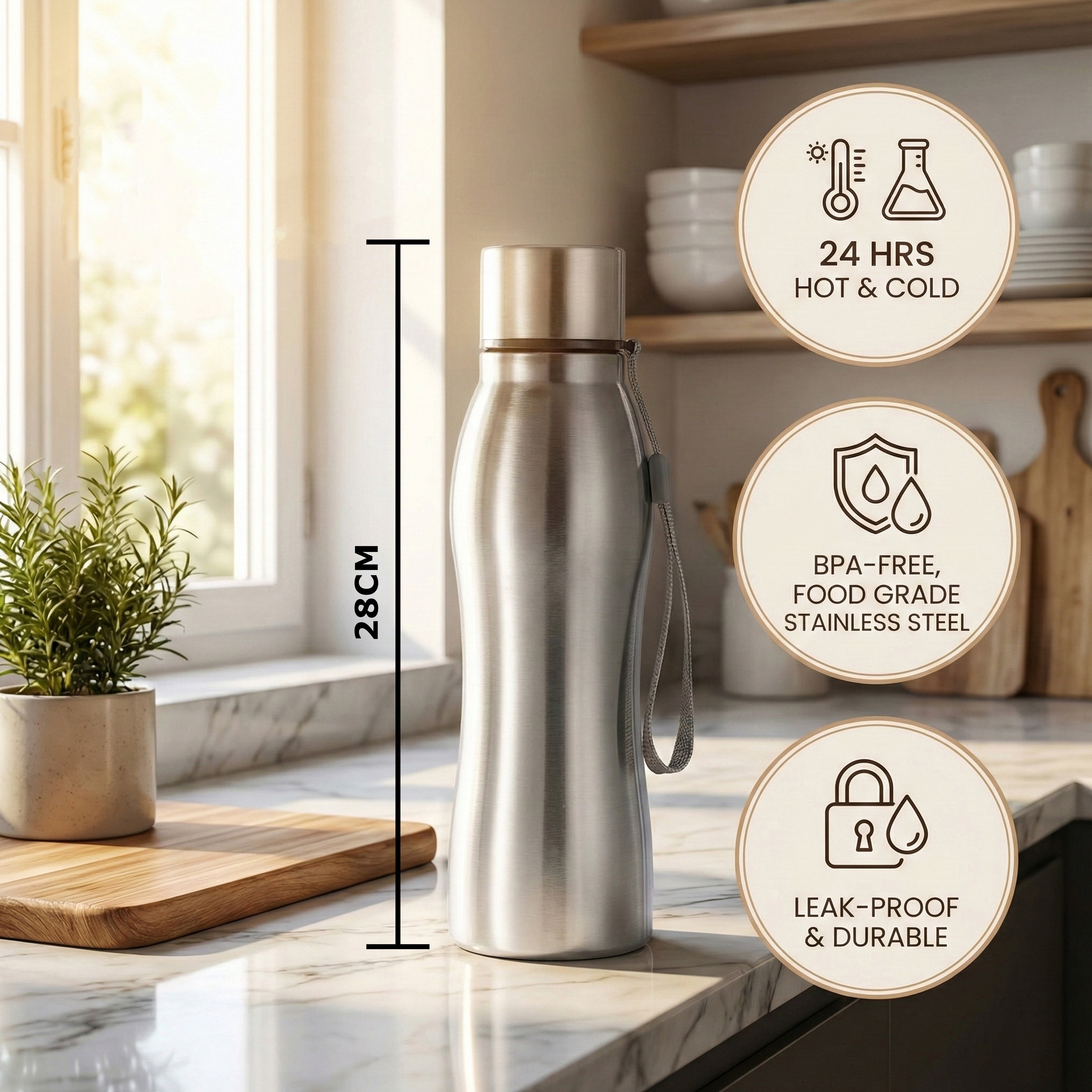 Ajanta Stylish Design 1000ml Stainless Steel Flask | Leakproof Water Bottle with Carry Strap