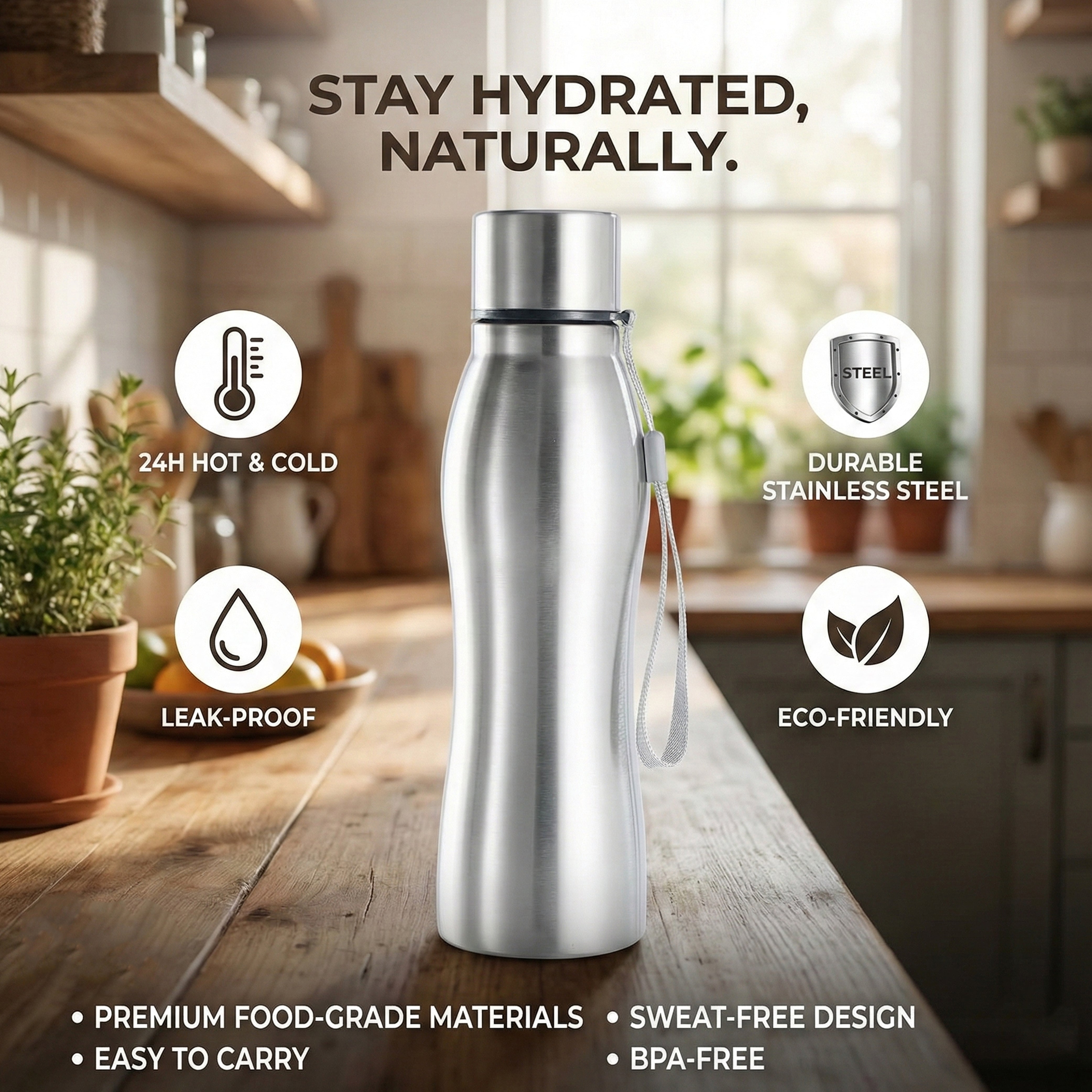 Ajanta Stylish Design 1000ml Stainless Steel Flask | Leakproof Water Bottle with Carry Strap