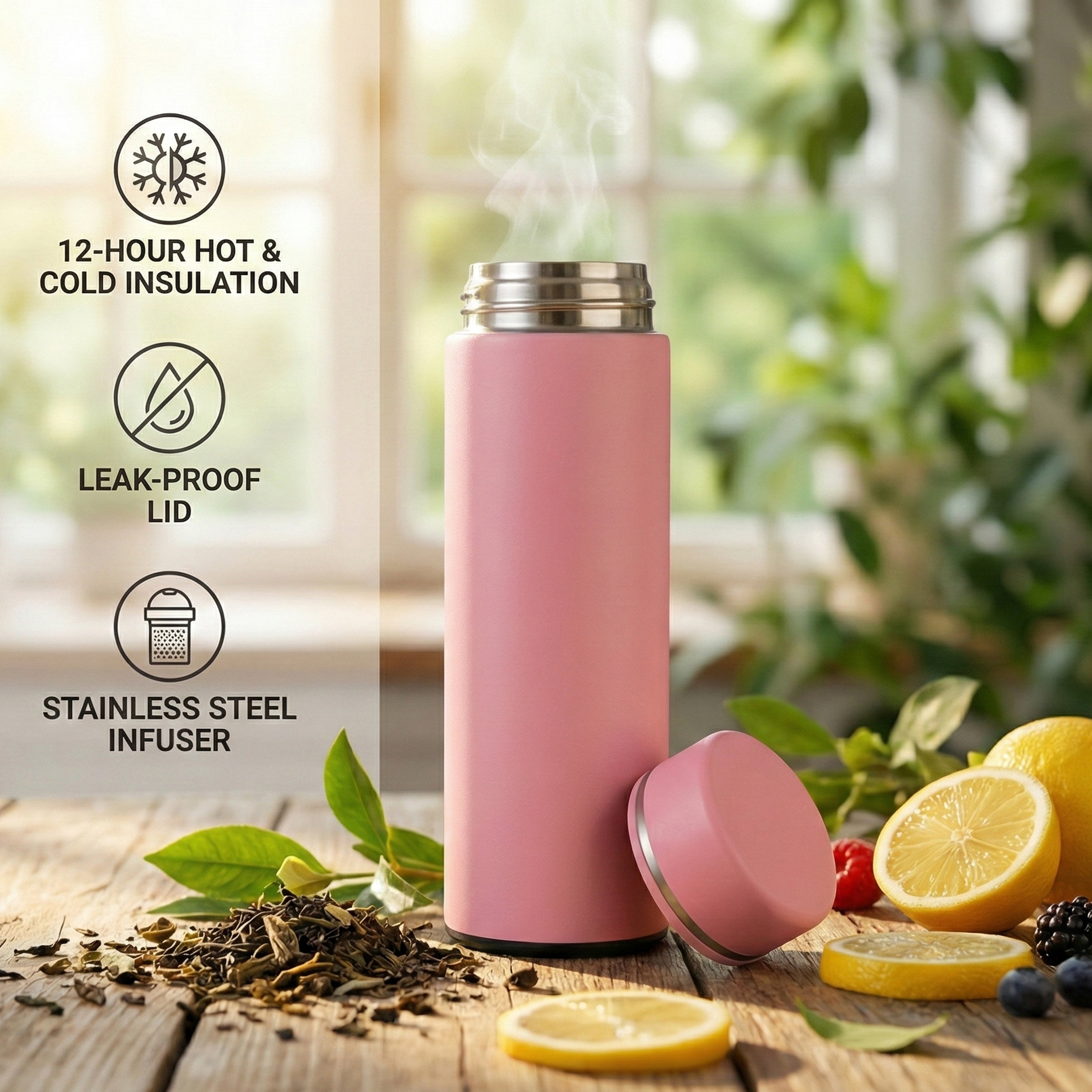 Ajanta 500ml Stainless Steel Vacuum Flask, BPA-Free Leakproof Thermos Bottle with Tea Infuser