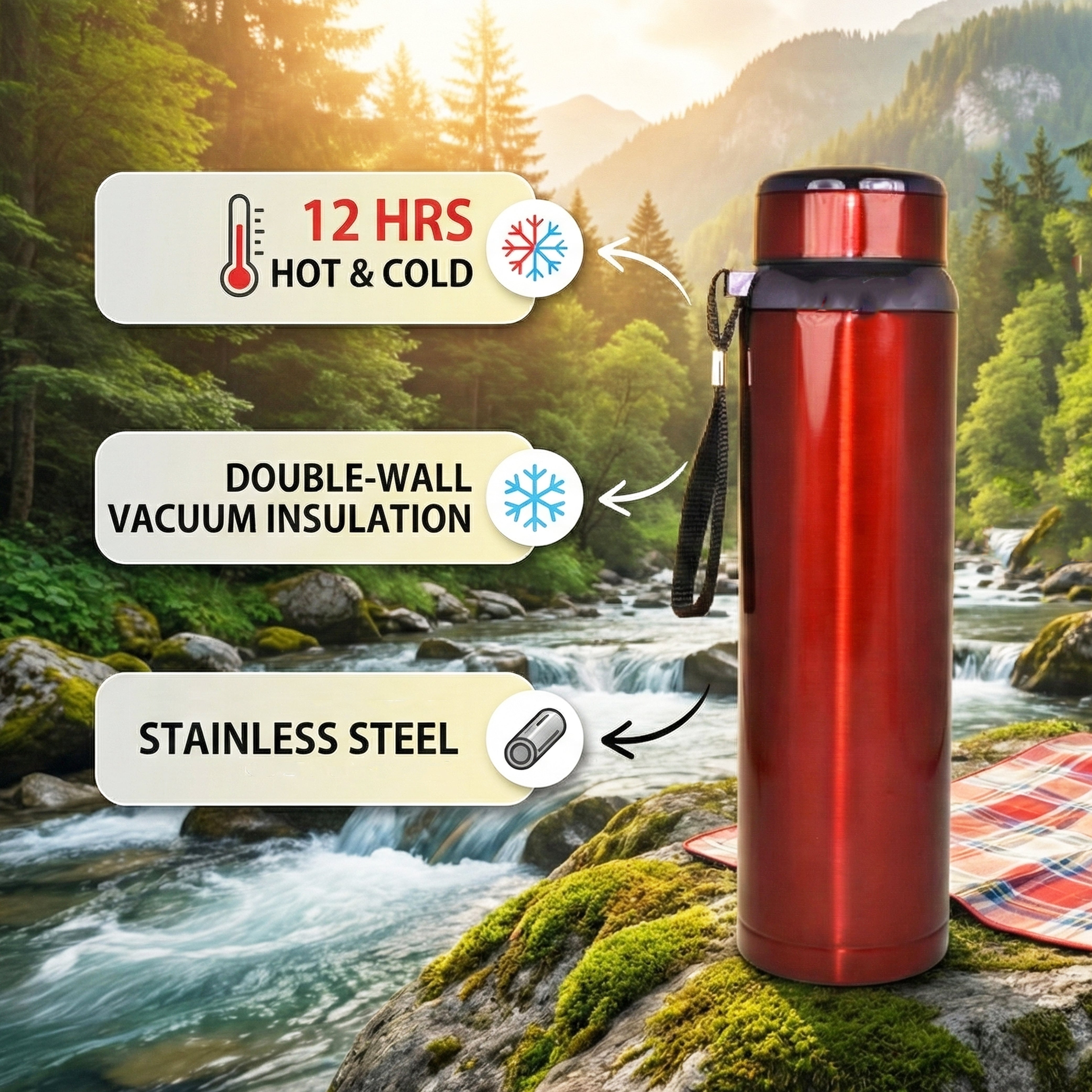 Ajanta Stylish Design 1000ml Stainless Steel Vacuum Flask | Leakproof Hot & Cold Thermos Bottle with Carry Strap and Tea Infuser
