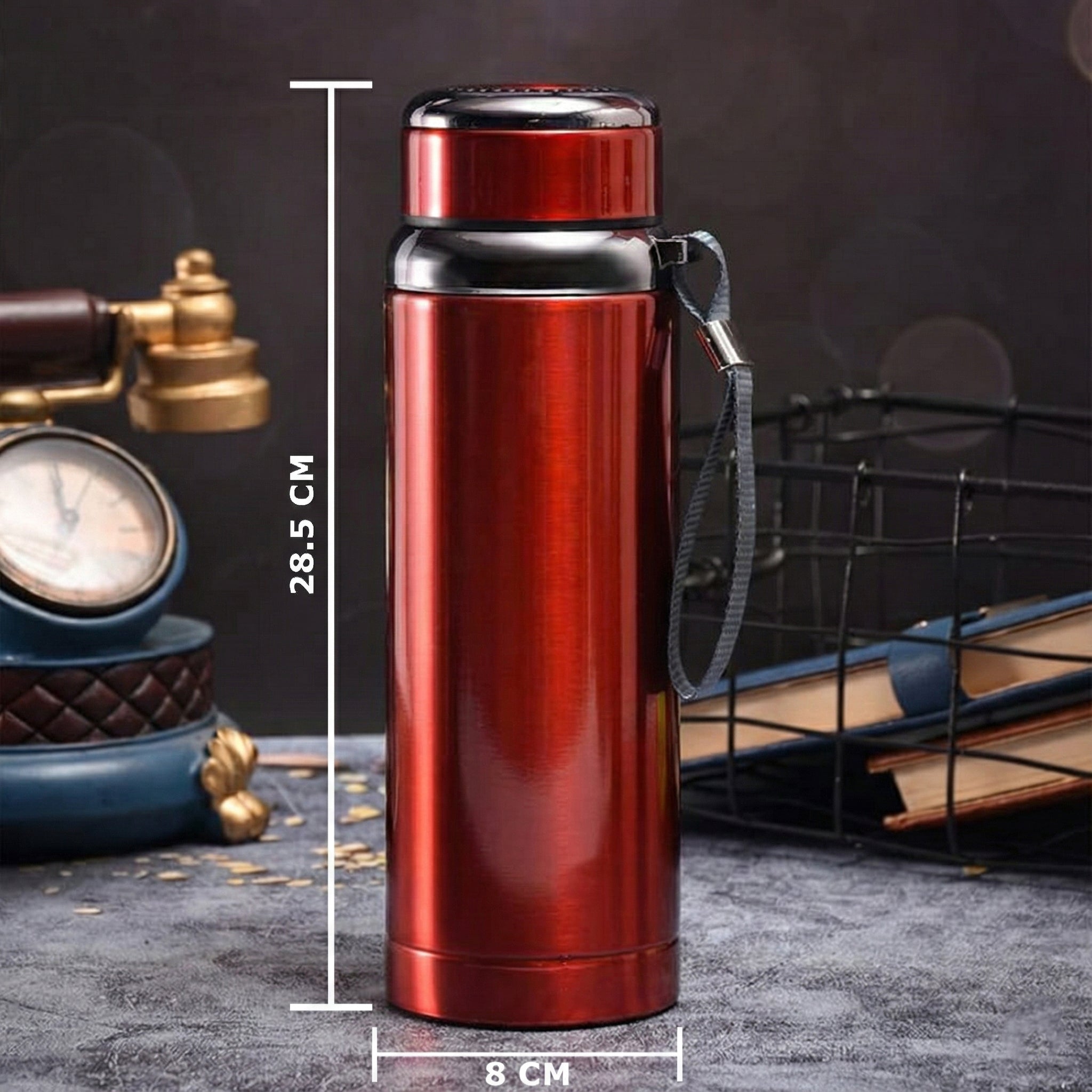 Ajanta Stylish Design 1000ml Stainless Steel Vacuum Flask | Leakproof Hot & Cold Thermos Bottle with Carry Strap and Tea Infuser